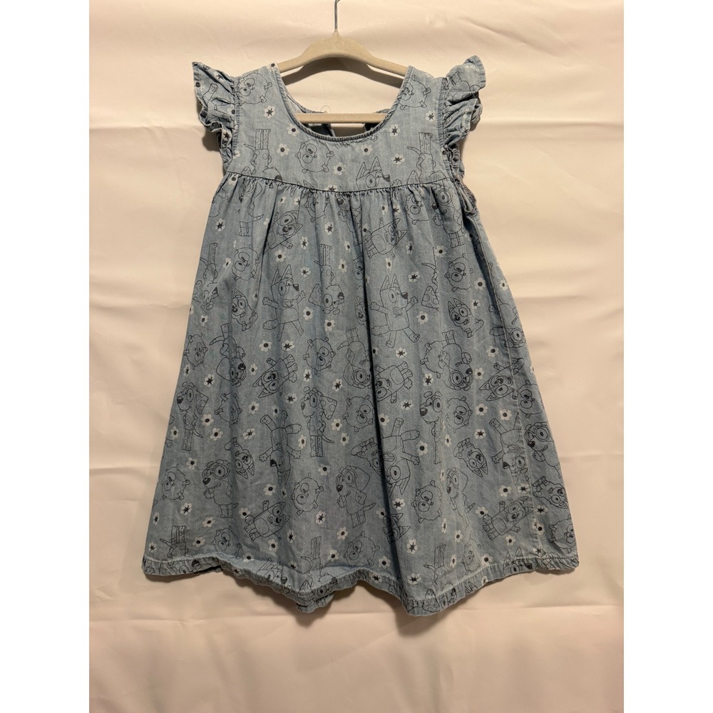 Bluey Girls Blue Chambray Ruffle Sleeve Character Print Cotton Dress 4T